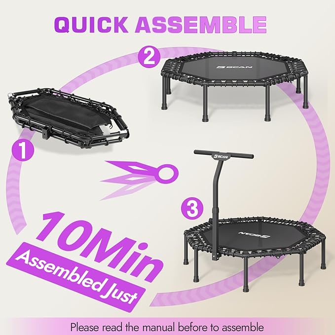 BCAN 51" Octagonal Mini Trampoline, Max Load 450 LBS Fitness Trampoline with T-Adjustable Handle Bar, Silent Bungees, Larger, More Stable, Quieter Exercise Rebounder for Adults Indoor/Garden Workout