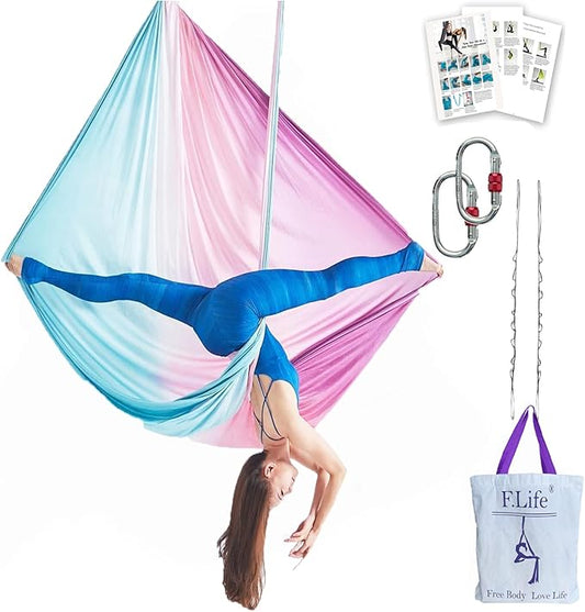 F.Life Aerial Yoga Hammock kit- Yoga Swing Multicolor 5 yards-Flying Yoga Include Daisy Chain,Carabiner and Pose Guide