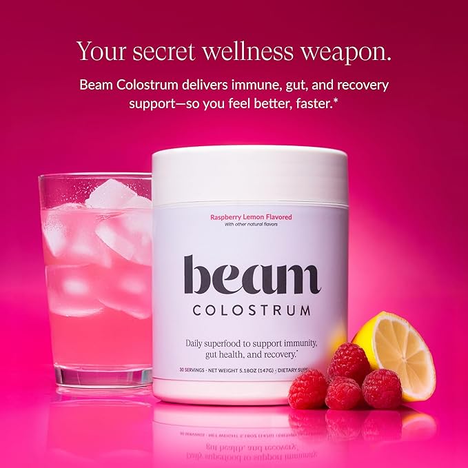 Beam Colostrum Powder – Gut Health, Immune Support & Recovery Supplement – 3g per Serving – Grass-Fed, Third-Party Tested, Pure Whole Bovine Colostrum – No Fillers, Non-GMO, 30 Servings
