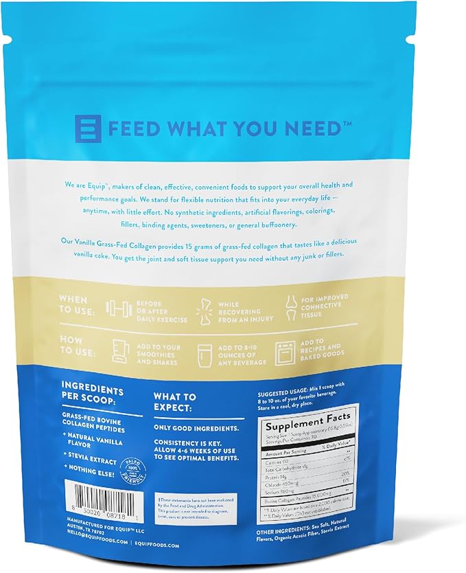 Equip Foods Grass Fed Collagen Powder | Hydrolyzed Bovine Collagen Peptides with Amino Acids | Prime Beef Collagen for Healthy Joints, Skin & Nails | Non-GMO, Paleo Friendly | 30 Servings, Vanilla