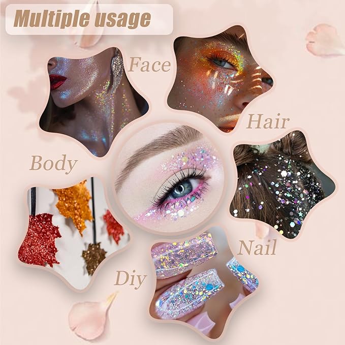 Face Body Glitter, Hair Glitter Sparkles Chunky Face Glitter Gel for Girls Makeup Singer Concerts Mermaid Festival Sequins Face Paint (Pink+Blue+Purple+Rose+White+Silver+Gold)