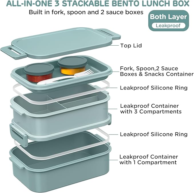DaCool Lunch Box Adults Bento Box 74 OZ All-in-One Stackable Lunch Box Containers for Adult Large Bento Box with Fork Spoon Sauce Boxes, Leakproof Lunchbox for Work School Dining Out, Morandi-Green
