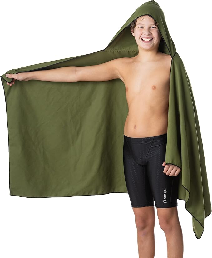 Flow Hydro Sport Towel - Microfiber Quick Dry Swimming Towels for Swim, Pool, Triathlon, and Other Water Sports in Medium, Large, Extra Large, and Hooded Sizes (Army Green, Large w/Hood)