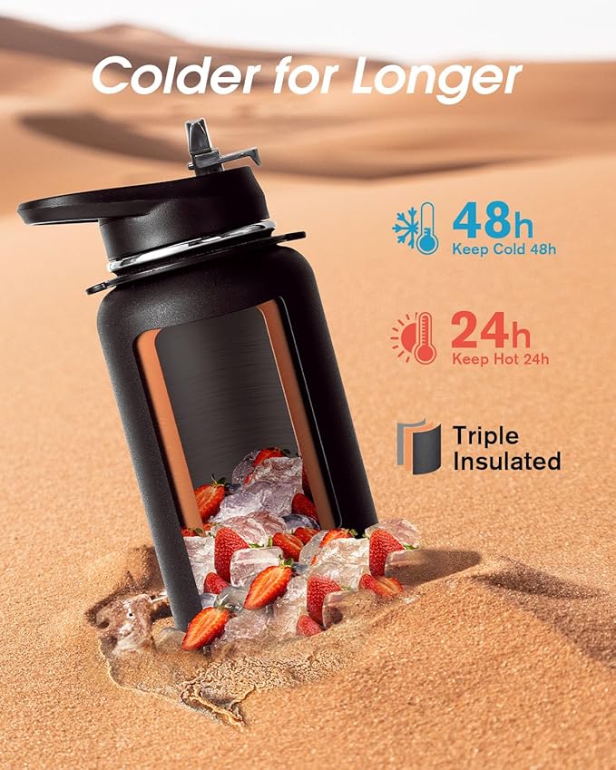 Coolflask 40 oz Water Bottle with Strap, Insulated Metal Water Flask with Straw & Spout Lids, Stainless Steel Double Wall Vacuum, Keep Cold 48h Hot 24h, Leak Proof & Non-BPA, Magic Black