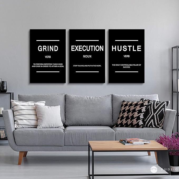 Framed Canvas Wall Art Success Quote, Office Wall Art, Black Large Poster, Positive Motivational Set of 3 Prints, Execute Failure Definition, Inspirational Print (B-3pcs,16x24inchx3pcs)