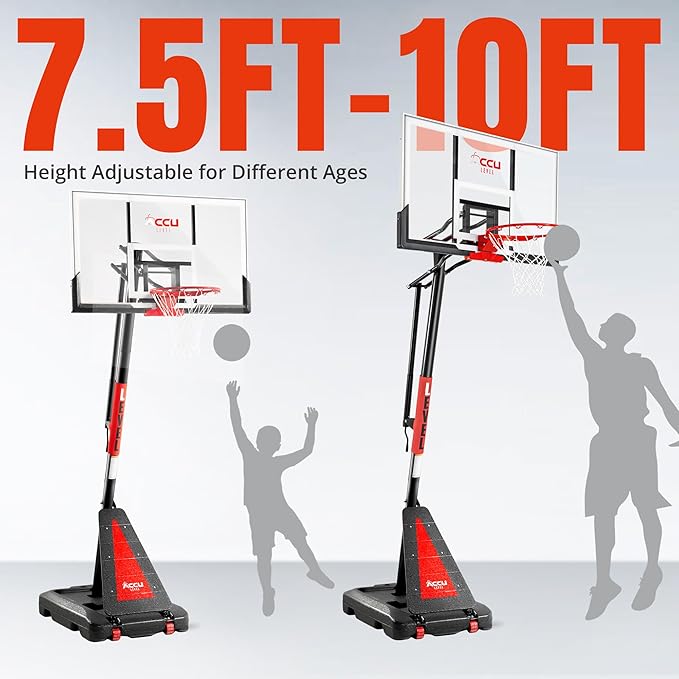 Crank Lift Basketball Hoop Outdoor 7.5-10ft Adjustable Portable Basketball Goal for Youth and Adults 44" 50" and 54" Patented Angle Adjustable PC Backboard and Large Fillable Base
