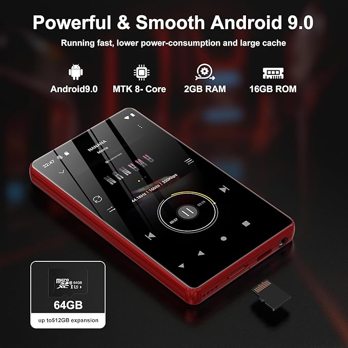 80GB Music Player, MP4 MP3 Player with Bluetooth and WiFi with 4-inch IPS Touch Screen Digital Audio Players, M503 Pro Spotify Player with Amazon Music, Audible, Chrome Browser, Support Up 512GB Red
