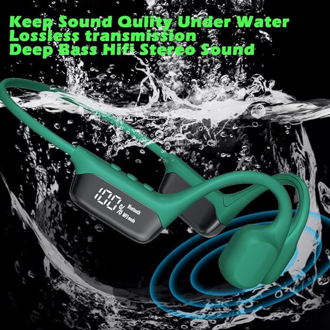 IHAO Swimming Headphones True Bone Conduction Open Ear Headset MP3 Player Built-in 32G Memory IP68 Underwater Waterproof Stereo Bluetooth Earphone for Driving Bicycling Running Skiing-S10 Green