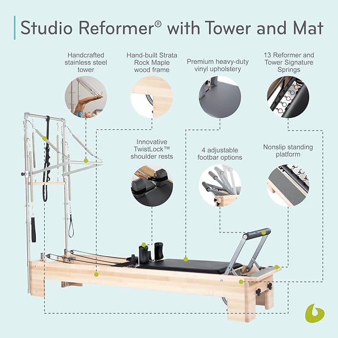 Balanced Body Studio Pilates Reformer with Sitting Exercise Box, Pilates Machine for Studio or at-Home Gym Equipment, Exercise Equipment for Fitness and Well-Being