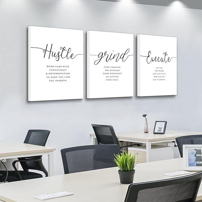 EPHANY Inspirational Wall Art - Large Office Wall Decor Painting, Hustle Grind Execute Quotes, office wall art,working room wall decor, gift for boss (H-3pcs,24x36inchx3pcs)