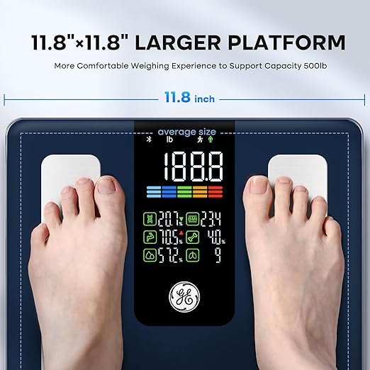 GE Smart Scale for Body Fat: Weight Scales with BMI Muscle Mass Button Function 500lbs Digital Bathroom Weight Machine Body Composition Monitor 11.8" Platform Accurate Weighing Health Analyzer