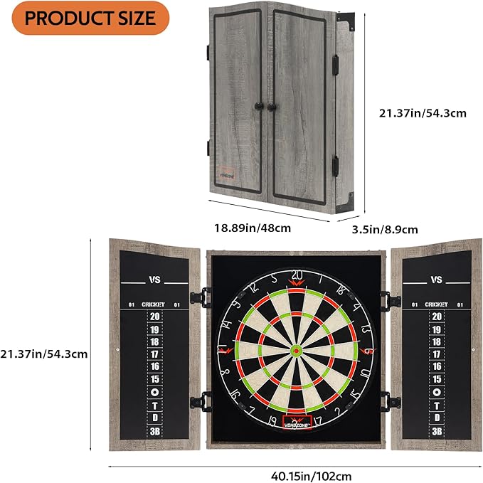 Dartboard Cabinet Set - Easy Assembly One Piece Sports Hemp Dartboard Scoreboard - Play Immediately - 6 Dart Chalk Set for Home Game Bar Accessories, Gray