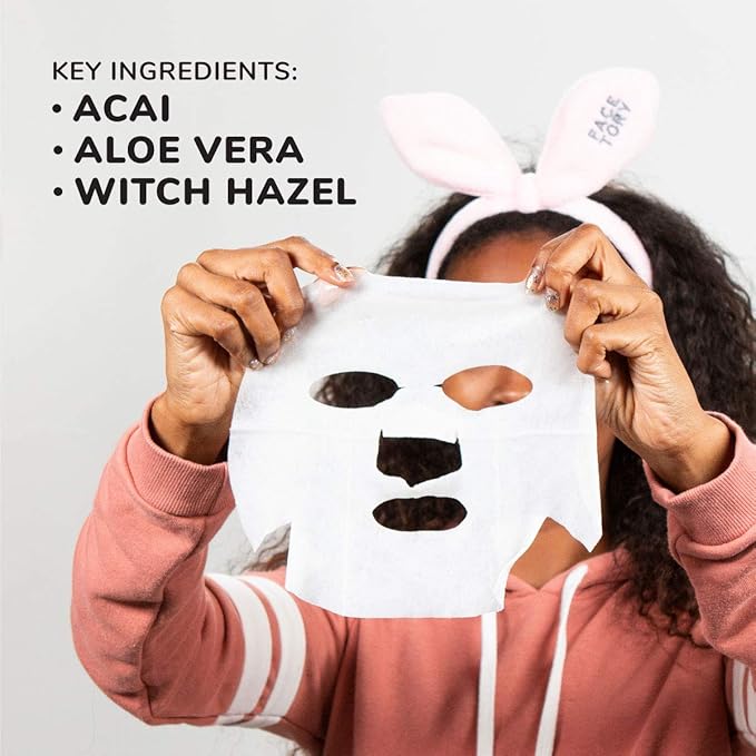 FACETORY K Beauty Face Mask Skin Care - Everyday ACAI Rejuvenating Sheet Mask | Plant-Based with Acai Infusion (10 Pack)
