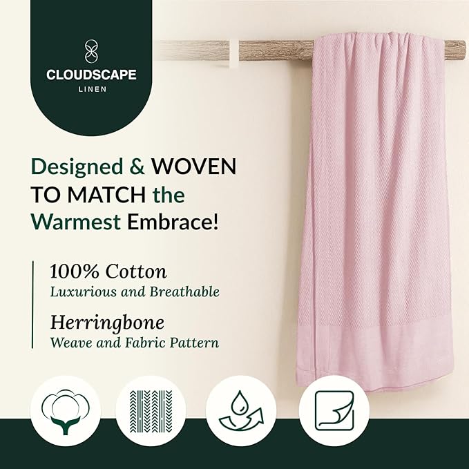Cloud Scape Linen Herringbone Cotton Throw Blanket for Couch, Bed,Sofa, Home Decor, Soft, Lightweight, All-Season Bed Blanket, 50 x 70, Seashell Pink