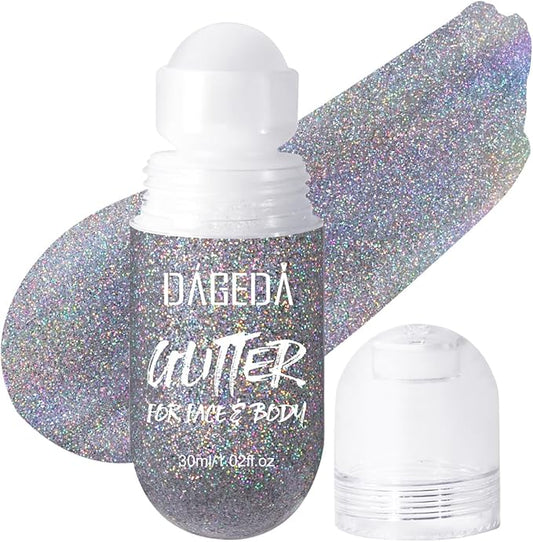 DAGEDA Body Glitter Gel, Roll-on Face Glitter for Mermaid Makeup Festival Rave Accessories, Holographic Hair Glitter Gel,Body Shimmer Halloween Makeup for Rave Party (Silver)