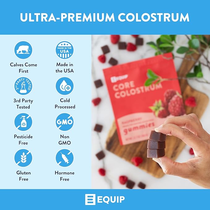 Equip Foods Core Bovine Colostrum Gummies - Delicious 1g Per Seving Grass Fed Colostrum Supplement - Gut Health, Immunity, Recovery, Hair & Skin - 60 Bovine Colostrum Gummies, 30 Servings, Raspberry