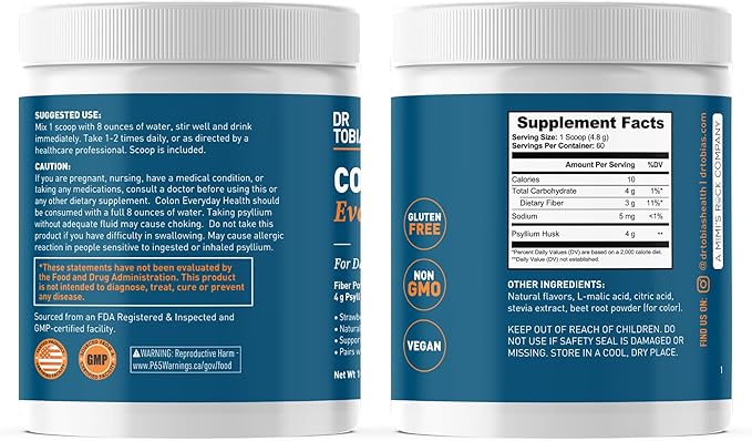 Dr. Tobias Colon Everyday Health - Gut Health for Women & Men - Psyllium Fiber Powder Drink with 4g Psyllium Husk Powder per Serving, Vegan, Gluten Free, Non-GMO, Strawberry Flavor, 60 Servings