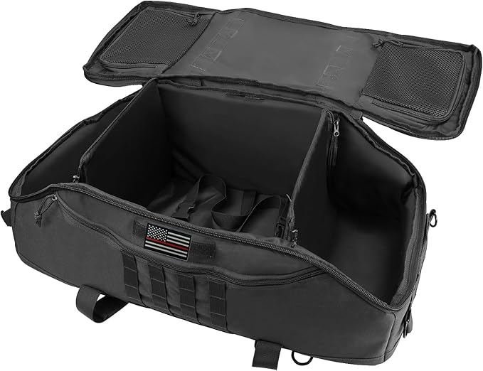 65L Large Duffle Bag, 3-in-1 Tactical Backpack MOLLE Pack for Workout, Sports, Gym, Outdoor, Black Red Patch