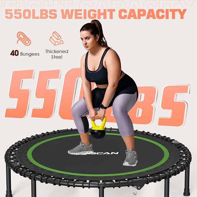 BCAN 40"/48" Foldable Mini Trampoline with Resistance Band, 450 LBS Adult Fitness Trampoline with Bungees, U Shape Adjustable Foam Handle, Stable & Quiet Indoor/Garden