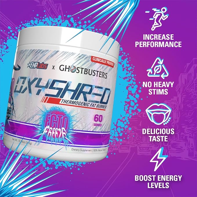EHP Labs x Ghostbusters OxyShred Pre Workout Powder Supplement - Preworkout Powder with Acetyl L Carnitine, Energy Boost Drink - Ecto Freeze, 60 Servings