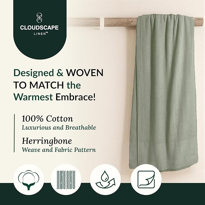 Cloud Scape Linen 100% Cotton Queen Size Blanket, Herringbone Pattern, Lightweight Summer Blanket,Best Gifts for Women, fits Full Size Bed, 92 x 92, Olive Green