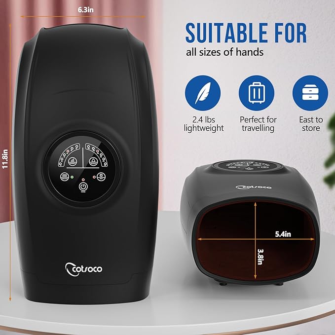 cotsoco Hand Massager with Heat and Compression, 6 Levels Hand Therapy for Arthritis and Carpal Tunnel Relief, Finger and Wrist Cordless Massager Machine for Pain Relief, Gifts for Women Men, Black