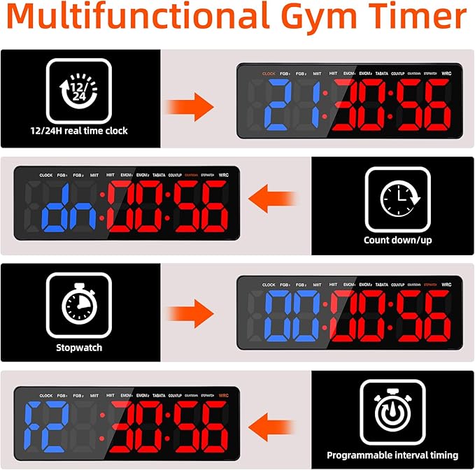 Gym Timer, 16.5" Large Digital Wall Clock for Gym Interval Workout, Remote Control LED Digital Timer for Home Decor, Living Room, Office, Gym, Classroom