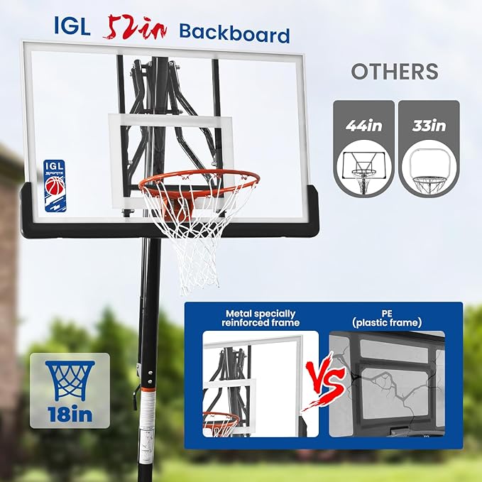 IGL Basketball Hoop Outdoor with 52 Inch Shatterproof Backboard, 10FT Height Portable Basketball Hoop Outdoor, Adjustable Basketball Goal System
