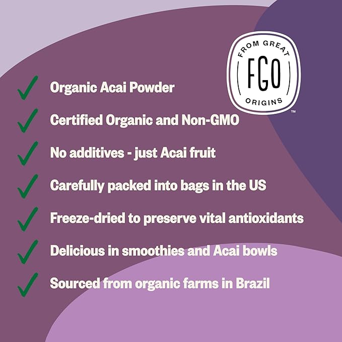FGO Organic Acai Powder, 1 Pound / 16oz Bulk Resealable Pouch, Freeze Dried Superfood Berry from Brazil, No Sugar & Additives,Great for Drinks, Smoothie, & Beverages, Non-GMO (Pack of 1)