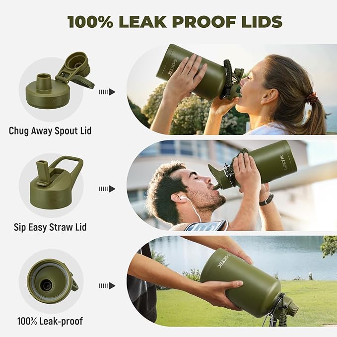 COKTIK Half Gallon Insulated Water Bottle, 64 oz Triple Wall Stainless Steel Flask,Cold for 48 Hrs Leak-Proof & BPA-Free Jug with Paracord Handle, Straw & Spout Lids(2 pack, Army Green)