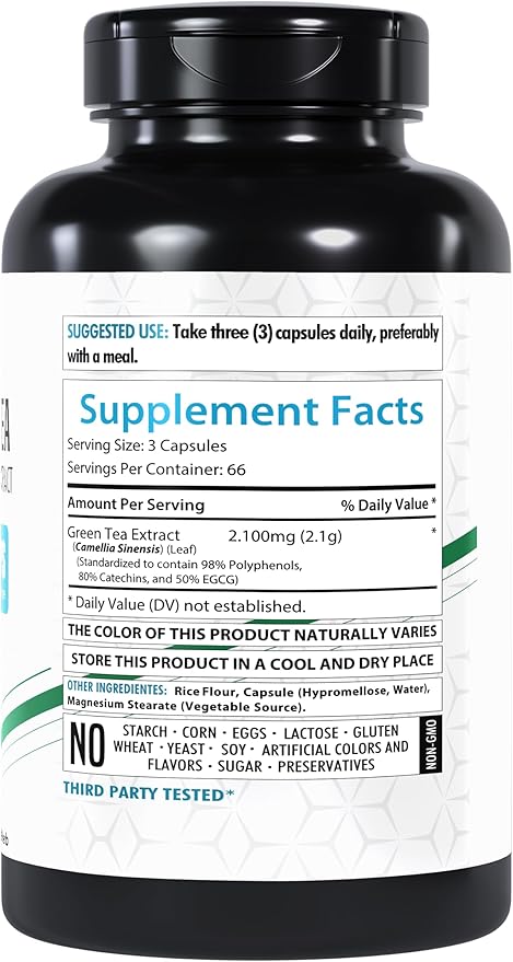 EGCG Green Tea Extract Supplement, 2100mg | 200 Capsules | Standardized 50% EGCG, 98% Polyphenols | 80% Catechins | Non-GMO | Gluten-Free