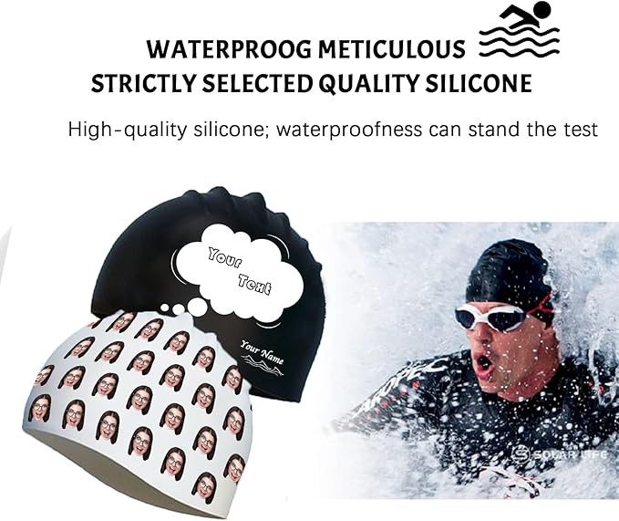 Custom Swim Cap with Photo Personalized Silicone Swim Cap for Men and Women Swimming Customized Swimmers Cap for Short and Medium Length Hair