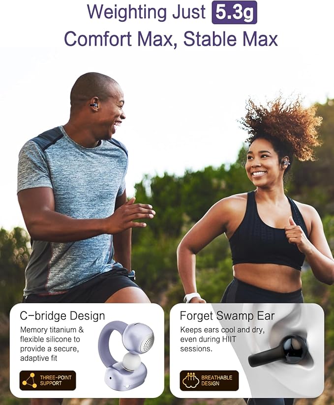A50 Clip on Earbuds, Bluetooth 6.0 Wireless Open Ear Headphones w/5.3g Weightless Comfort,48H Playtime,3D Soundstage,Clear Call Mics,IPX5,Multipoint Connection,Fit for Workout Running Black