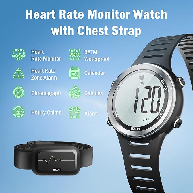 EZON Heart Rate Monitor and Chest Strap, Exercise Heart Rate Monitor, Sports Watch with HRM, Waterproof, Stopwatch, Hourly Chime T007
