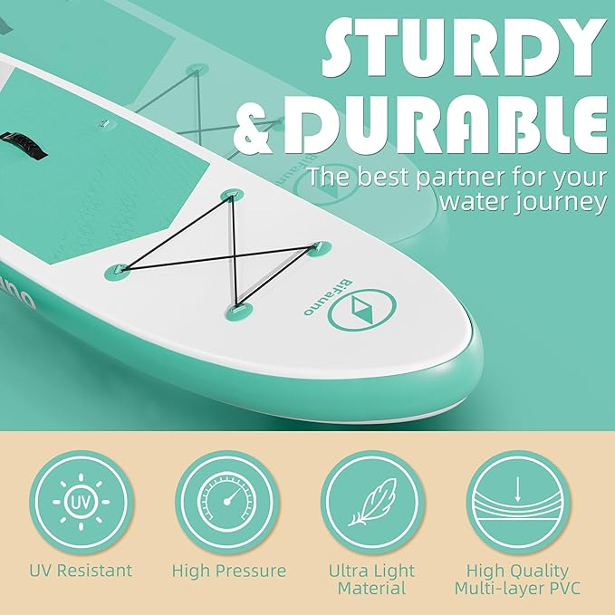 Inflatable Stand Up Paddle Board with SUP Accessories & Backpack. Paddle Boards for Adults. Non-Slip Deck, Wide Stance, Bottom Fin, Double Action Pump.