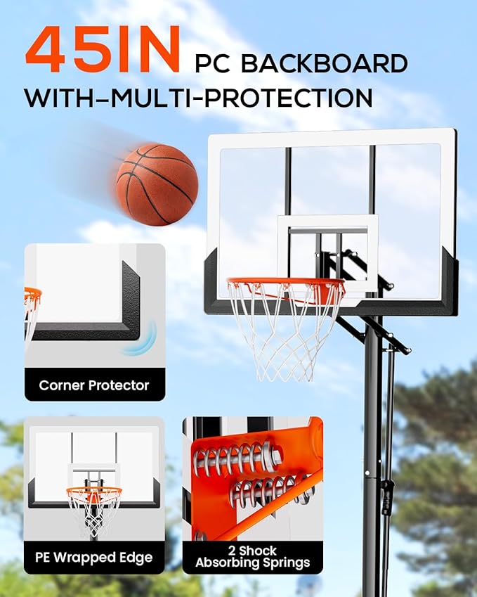 Basketball Hoop Outdoor with 45 Inch Shatterproof Backboard, Portable Basketball Goal System 4.8-10ft Height Adjustable for Kids, Youth, Adults, Backyard/Driveway/Indoor