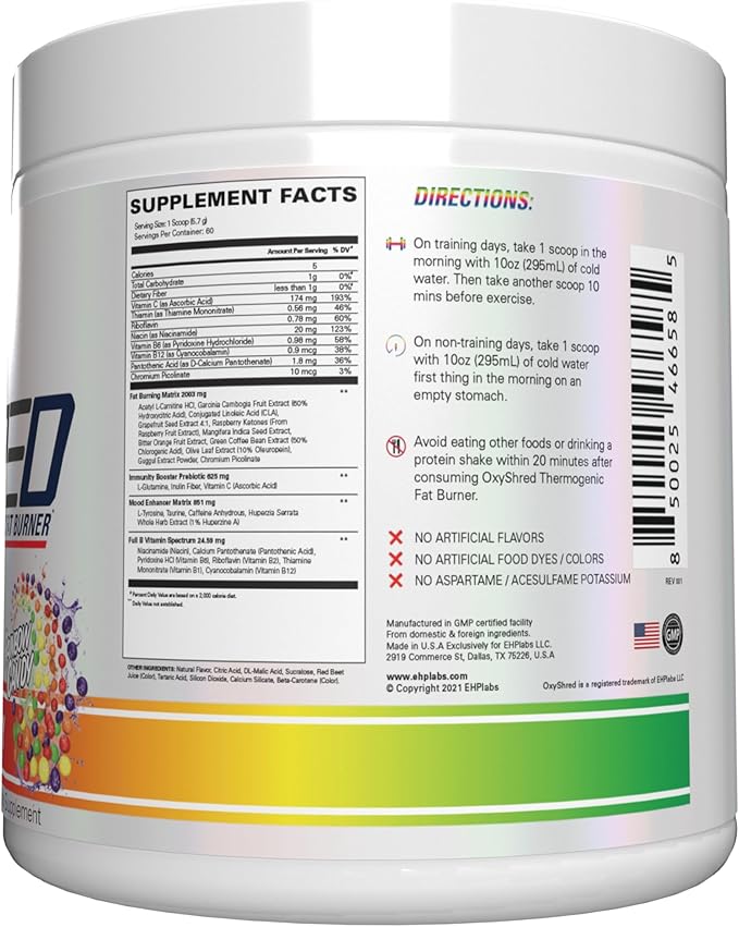 EHP Labs OxyShred Pre Workout Powder - Preworkout Powder with L Glutamine & Acetyl L Carnitine, Energy Boost Drink - Rainbow Candy, 60 Servings
