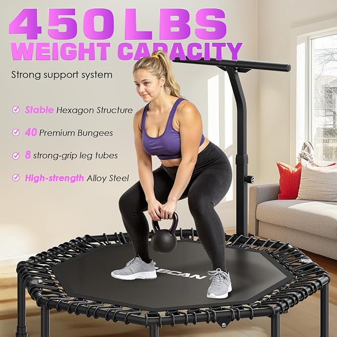 BCAN 51" Octagonal Mini Trampoline, Max Load 450 LBS Fitness Trampoline with T-Adjustable Handle Bar, Silent Bungees, Larger, More Stable, Quieter Exercise Rebounder for Adults Indoor/Garden Workout