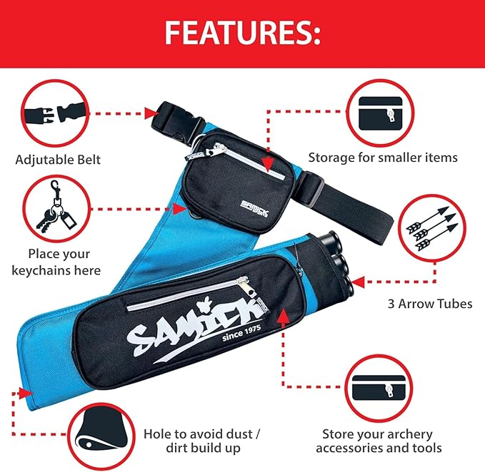 Archery Arrow Quiver - Adjustable Waist Hanged Quiver with 3 Removable Tubes & Pockets for Archery Arrows Case & Equipment - Ideal for Hunting & Target Practice - Right Handed Only