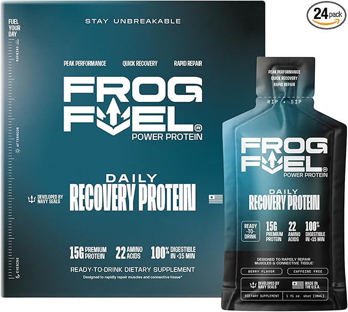 Frog Fuel Power Regular Protein Shot, 15g Protein Nano-Hydrolyzed Grass Fed Collagen, Post Workout, Gluten Free, Fat & Sugar Free, 22 Amino Acids, 0 Carbs, Berry, 1 oz Packets, 24 Pack