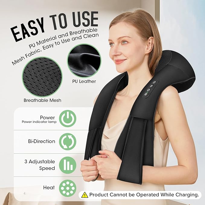 Cordless Shiatsu Neck and Shoulder Massager, Back Massager with Heat,Massage Deeper Tissue 4D Kneading Massage for Shoulder, Neck and Back, Use at Home, Office, Car - Gifts for Fathers Day Dad Gift