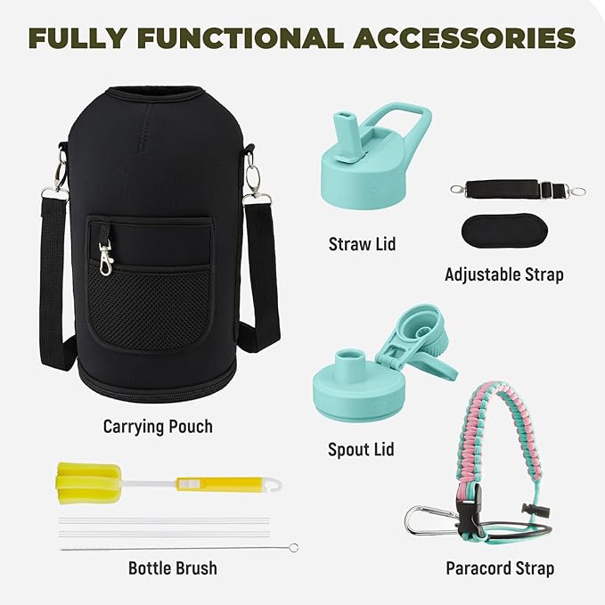 COKTIK 128 oz Insulated Water Bottle, Triple Wall Stainless Steel Flask, Keeps Drinks Cold for 48 Hrs Leak-Proof & BPA-Free Half Gallon Jug with Paracord Handle, Straw & Spout Lids(Bubble Gum)