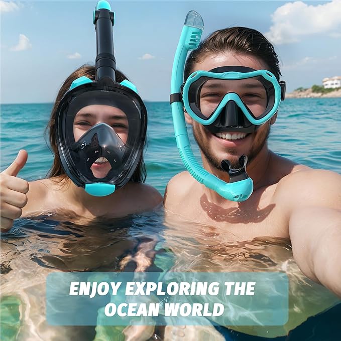 Full Face Snorkel Mask, Snorkeling Gear for Adults Men and Women, 180 Degrees Panoramic View Snorkel Set Anti-Fog Anti-Leak, Dry Top System and Travel Bag for Swimming, Snorkeling