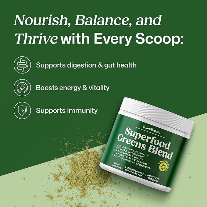 ColonBroom Superfood Greens Powder Supplement | Super Greens Juice Powder with Probiotics, Prebiotics, Spirulina & Chlorella | Natural for Energy, Immunity, Digestion & Detox Support | 56 Servings