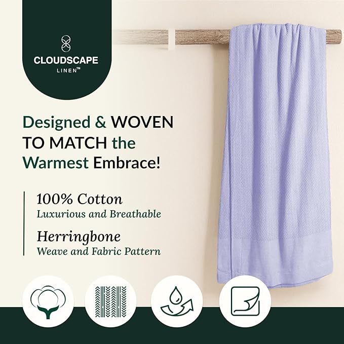 Cloud Scape Linen Herringbone Cotton Throw Blanket for Couch, Bed,Sofa, Home Decor, Soft, Lightweight, All-Season Bed Blanket, 50 x 70, Lavender Blue