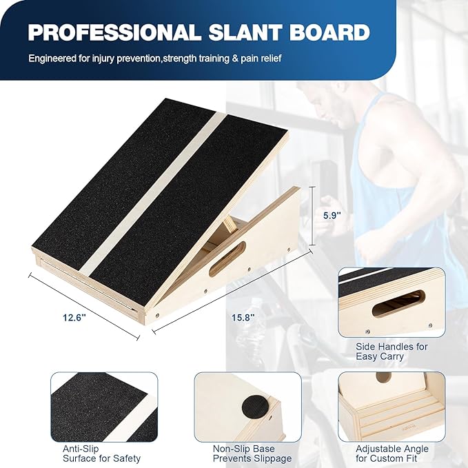 Adjustable Wooden Slant Board, 5 Angles (15°–35°) for Safe Stretching, Squats & Rehab – Anti-Slip top & Base, Durable 10-Layer Wood, Supports up to 400lbs for Home Gym & Recovery use