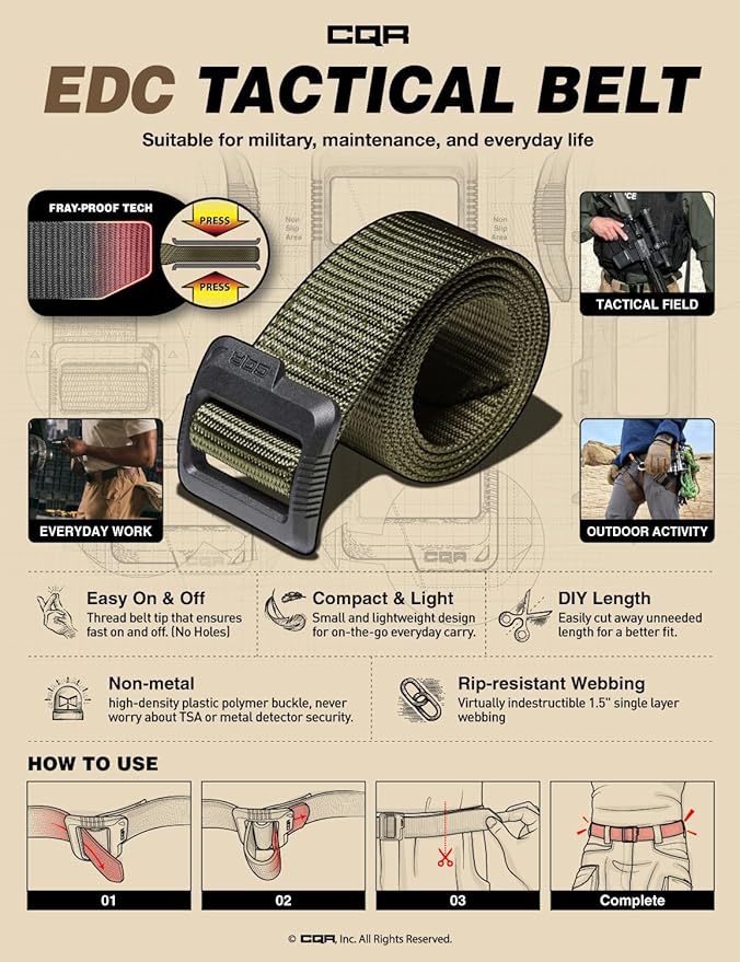 CQR Tactical Belt, Military Style Heavy Duty Belt, Webbing EDC Quick-Release Buckle