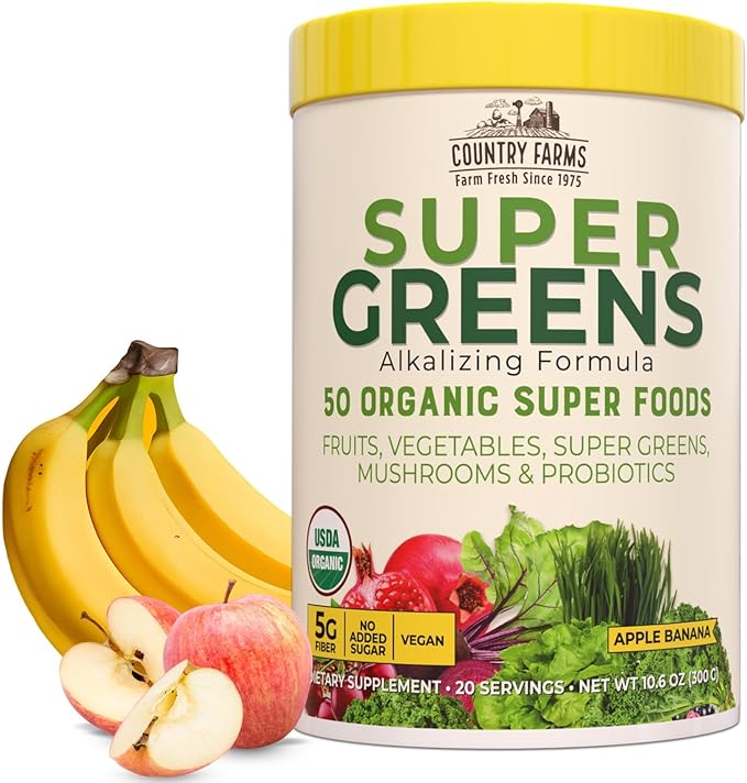 Country Farms Organic Super Greens Apple Banana Flavor, 50 Organic Super Foods, Packed with Fiber, USDA Organic Drink Mix, Fruits, Vegetables, Mushrooms & Probiotics, Supports Energy, 5g Fiber