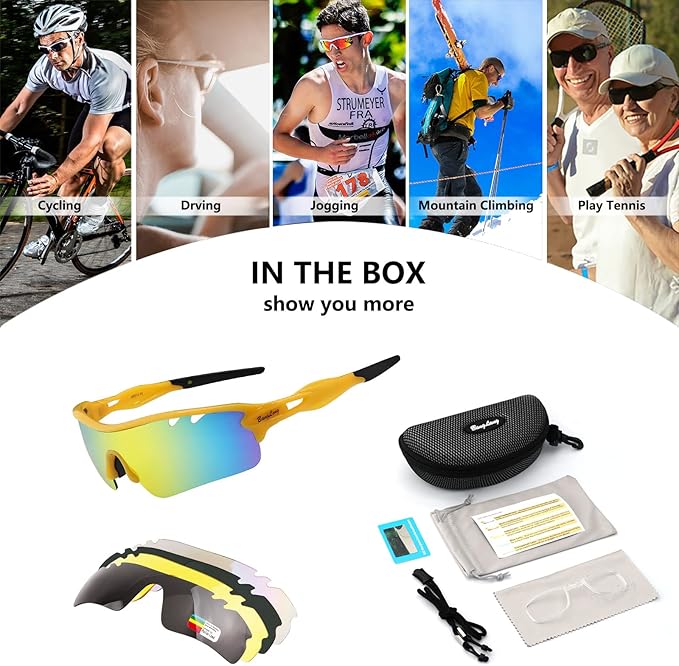 BangLong Polarized Sports Sunglasses Cycling Sun Glasses for Men Women with 5 Interchangeable Lenes for Running Baseball Golf