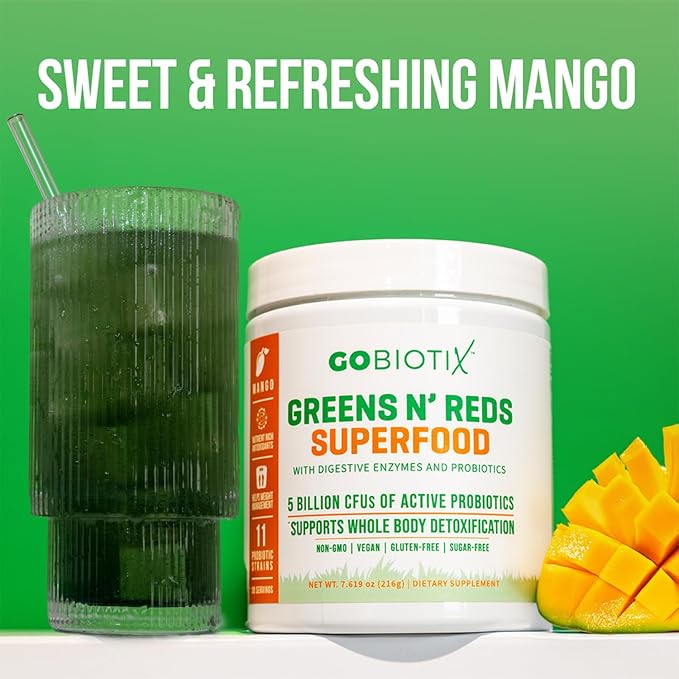 GOBIOTIX Super Greens and Reds Powder - Red and Green Superfood - Probiotic Supplement - Digestive Enzymes and Beet Root Powder - Organic Whole Foods Dietary Supplement (Mango, 2 Pack)